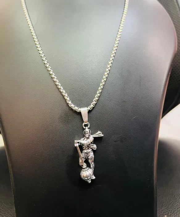 Lord Hanuman Silver Pendant Necklace With Gada Charm for Men and Women
