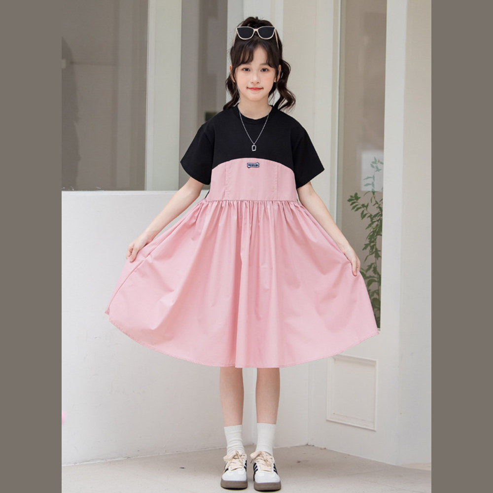 Girls Patchwork Cotton Short Sleeve Dress