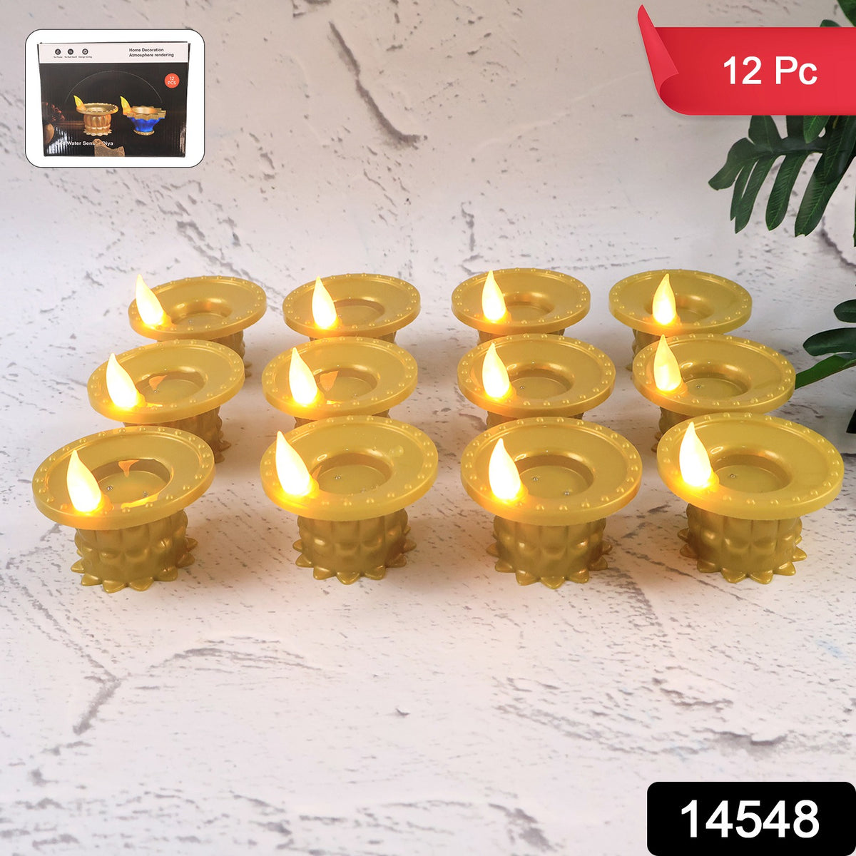 Set Of 12 Water Sensor Led Golden Diyas