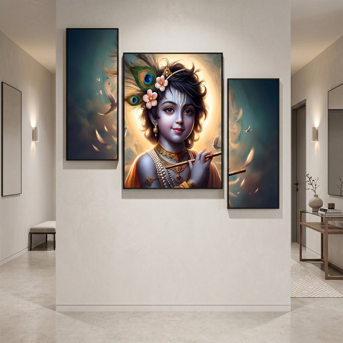 Krishna N Flute 3 Panel Mdf Wall Frame Wall Art Painting 16.5x12in (1 Pc)