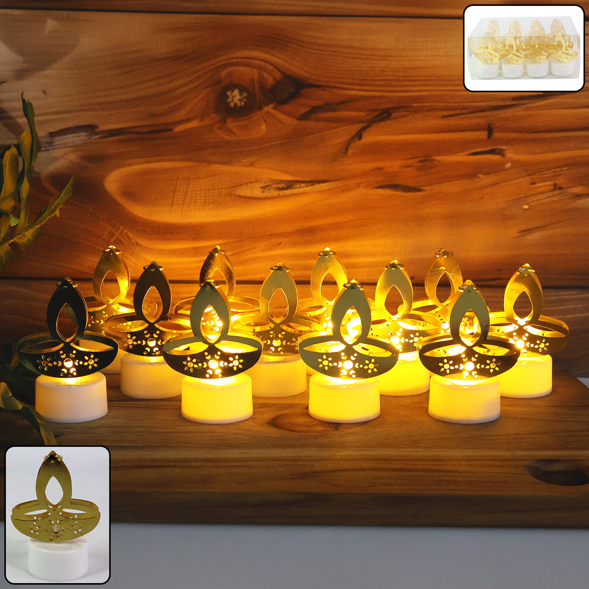 Golden Diya Shaped Led Tealight Candles (12 Pc)