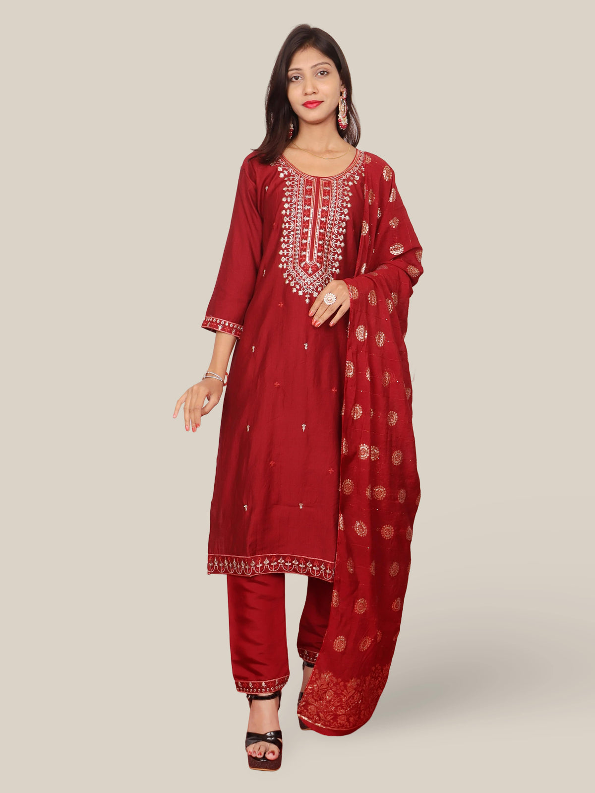 Rayon-Cotton Embroidered Straight Kurti Set with Pant and Dupatta