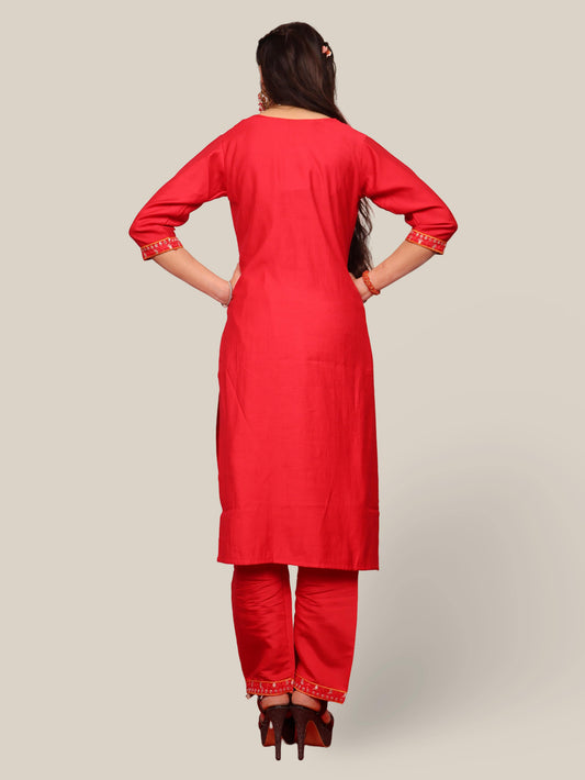 Rayon-Cotton Embroidered Straight Kurti Set with Pant and Dupatta