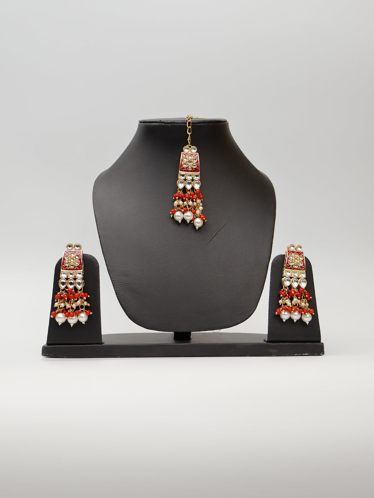 Red Meenakari Kundan & Pearl Necklace Set with Earrings & Mang Tikka.