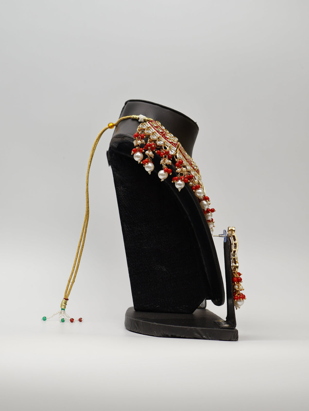Red Meenakari Kundan & Pearl Necklace Set with Earrings & Mang Tikka.