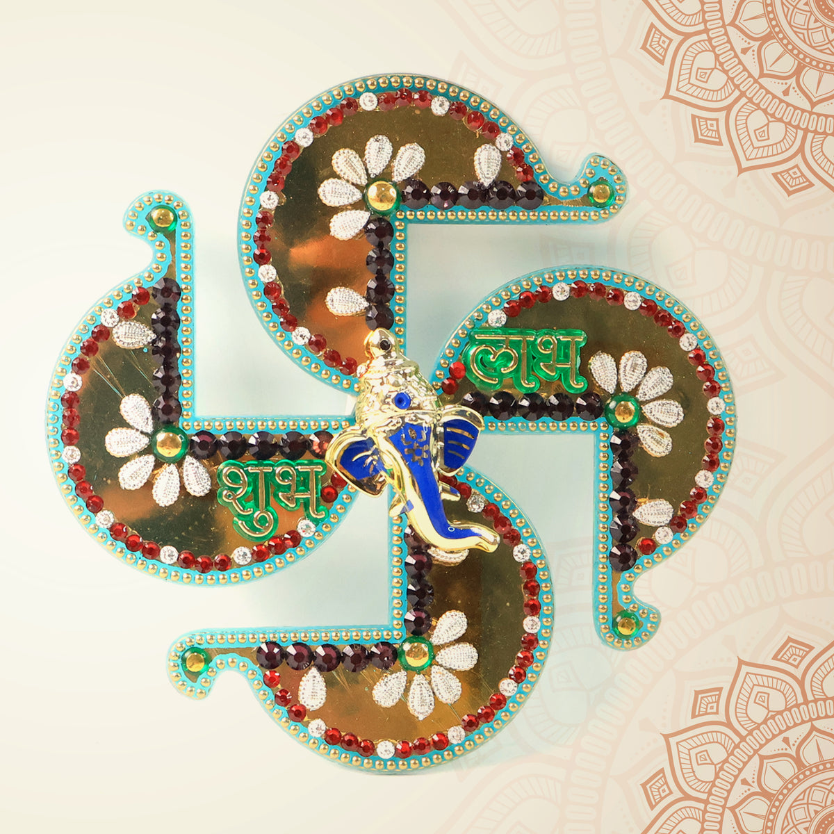 Golden Swastik Shubh Labh Wall Hanging With Ganesh Idol (1 Pc)