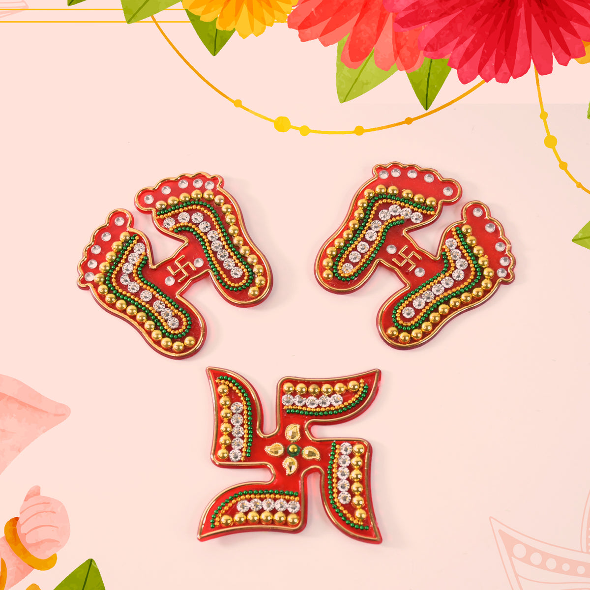 Decorative Laxmi Charan (Pagla)  Swastik Combo Set (3pc Set)