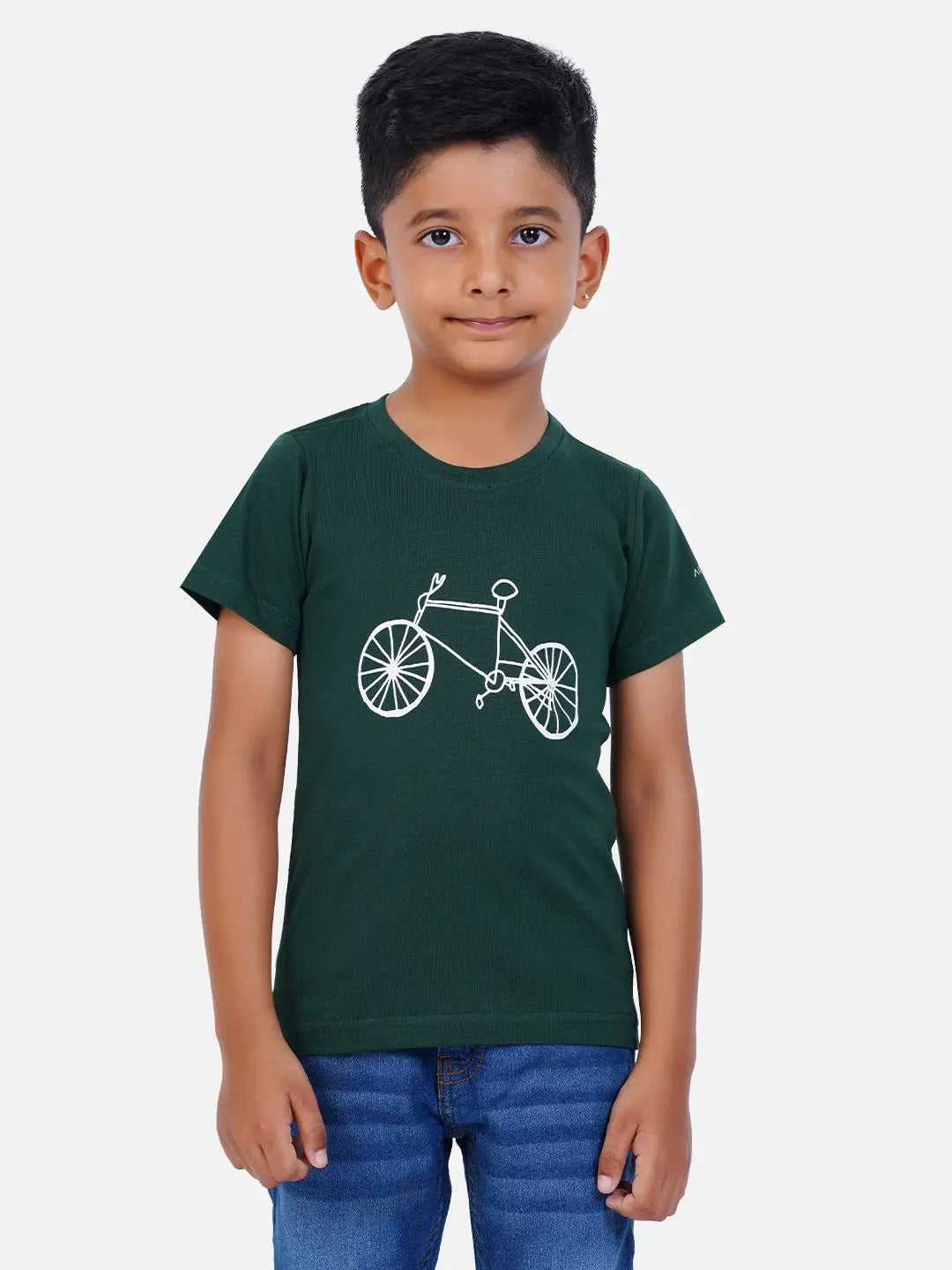 Kids' black cotton round neck t-shirt by AirGarb in bottle green with drawn cycle design.