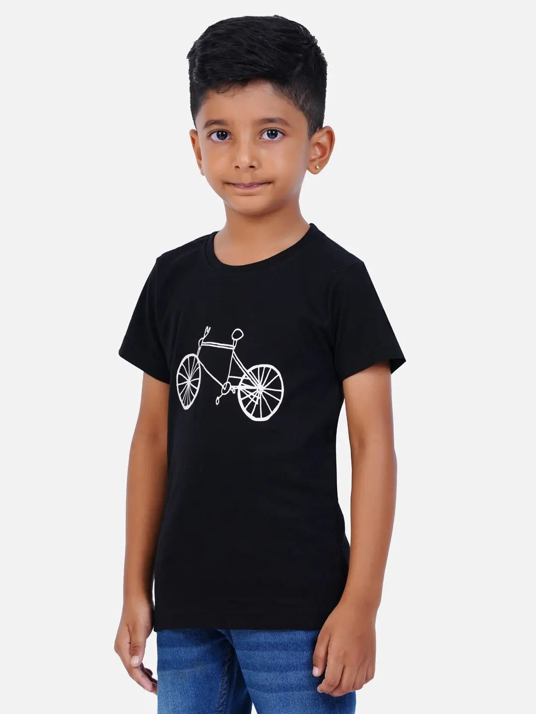 AirGarb kids' t-shirt featuring soft black cotton fabric, a round neck, and a stylish bottle green drawn cycle design, perfect for casual wear.