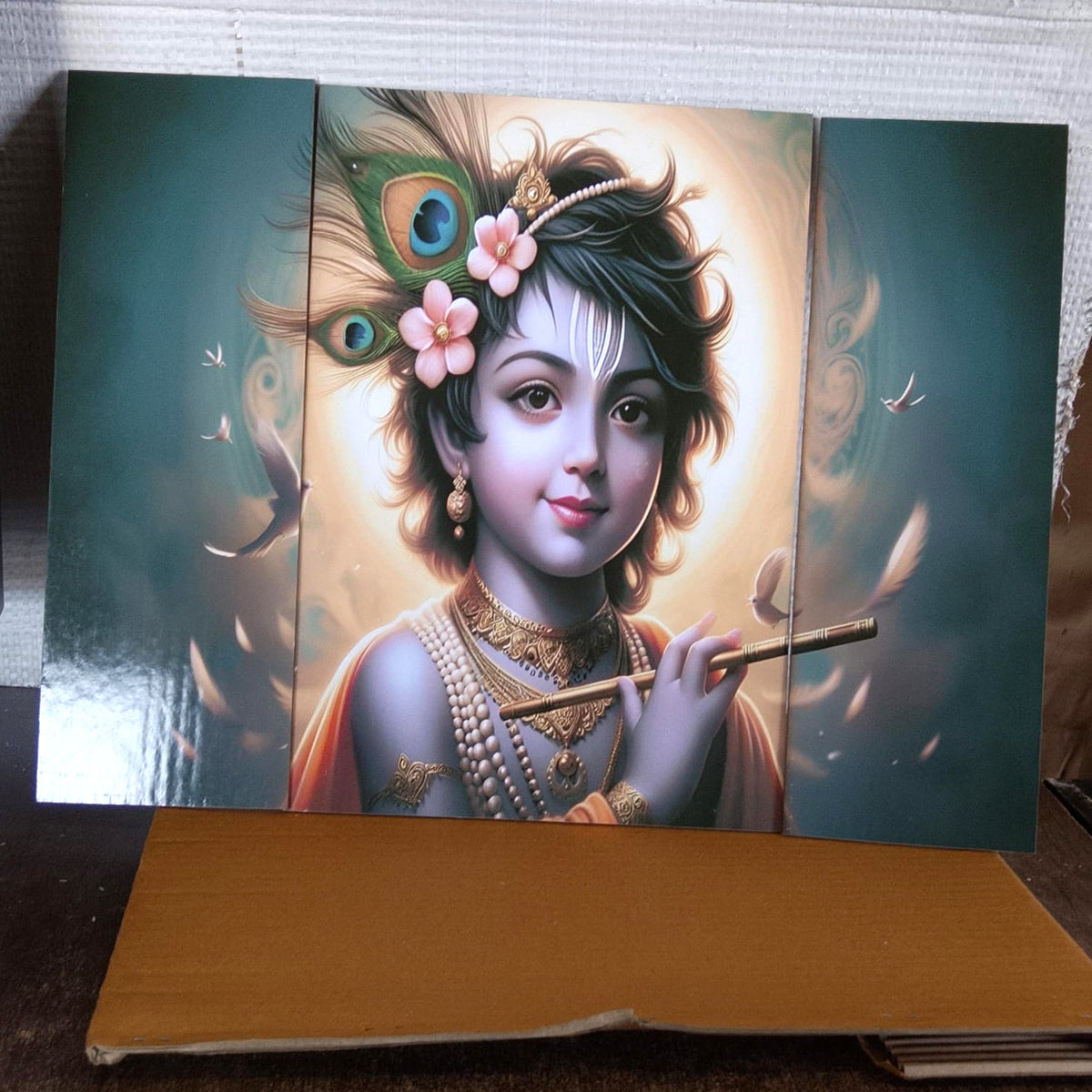 Krishna N Flute 3 Panel Mdf Wall Frame Wall Art Painting 16.5x12in (1 Pc)