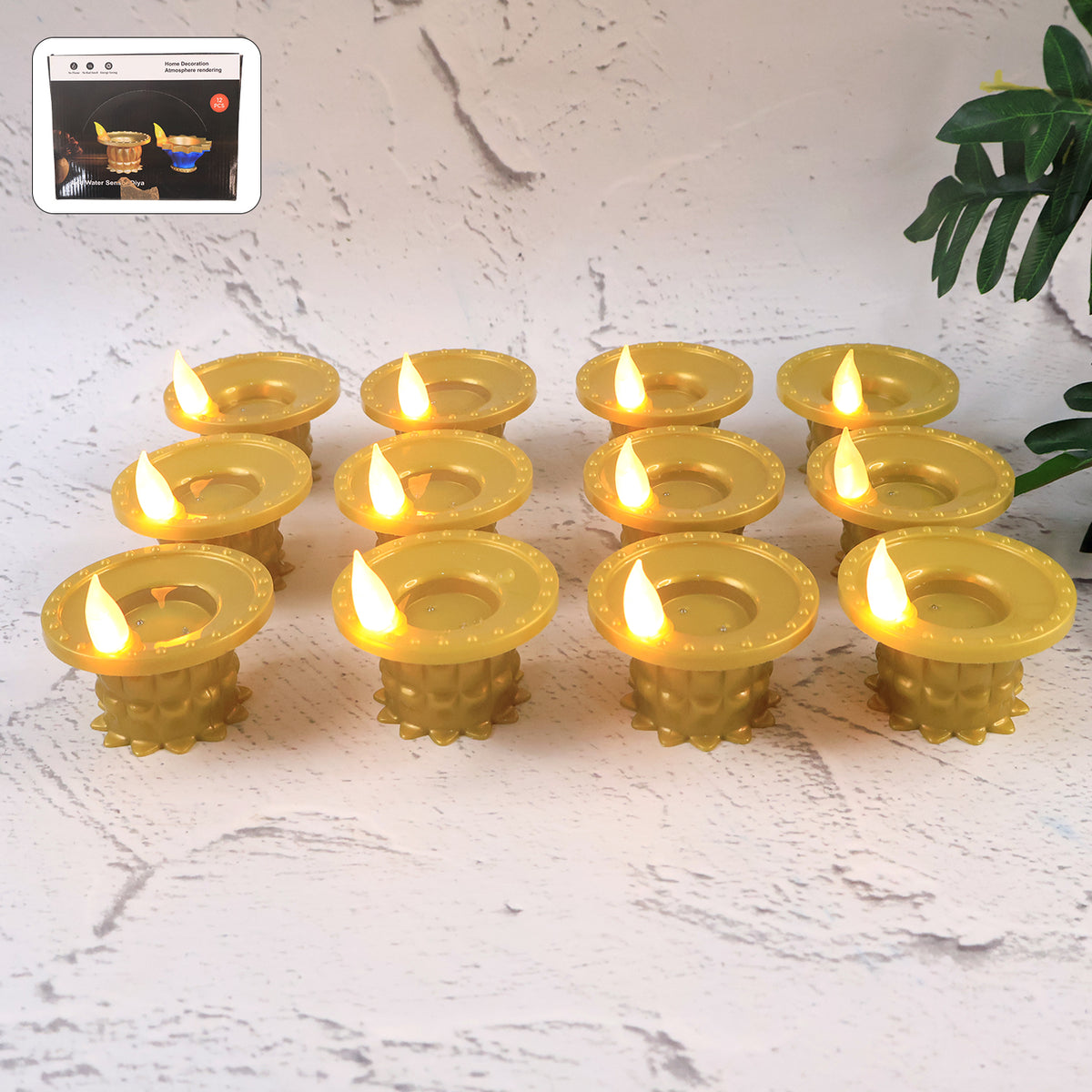 Set Of 12 Water Sensor Led Golden Diyas