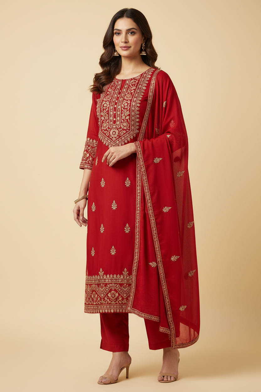 Model wearing a red rayon-cotton embroidered straight kurti set with matching pants and dupatta