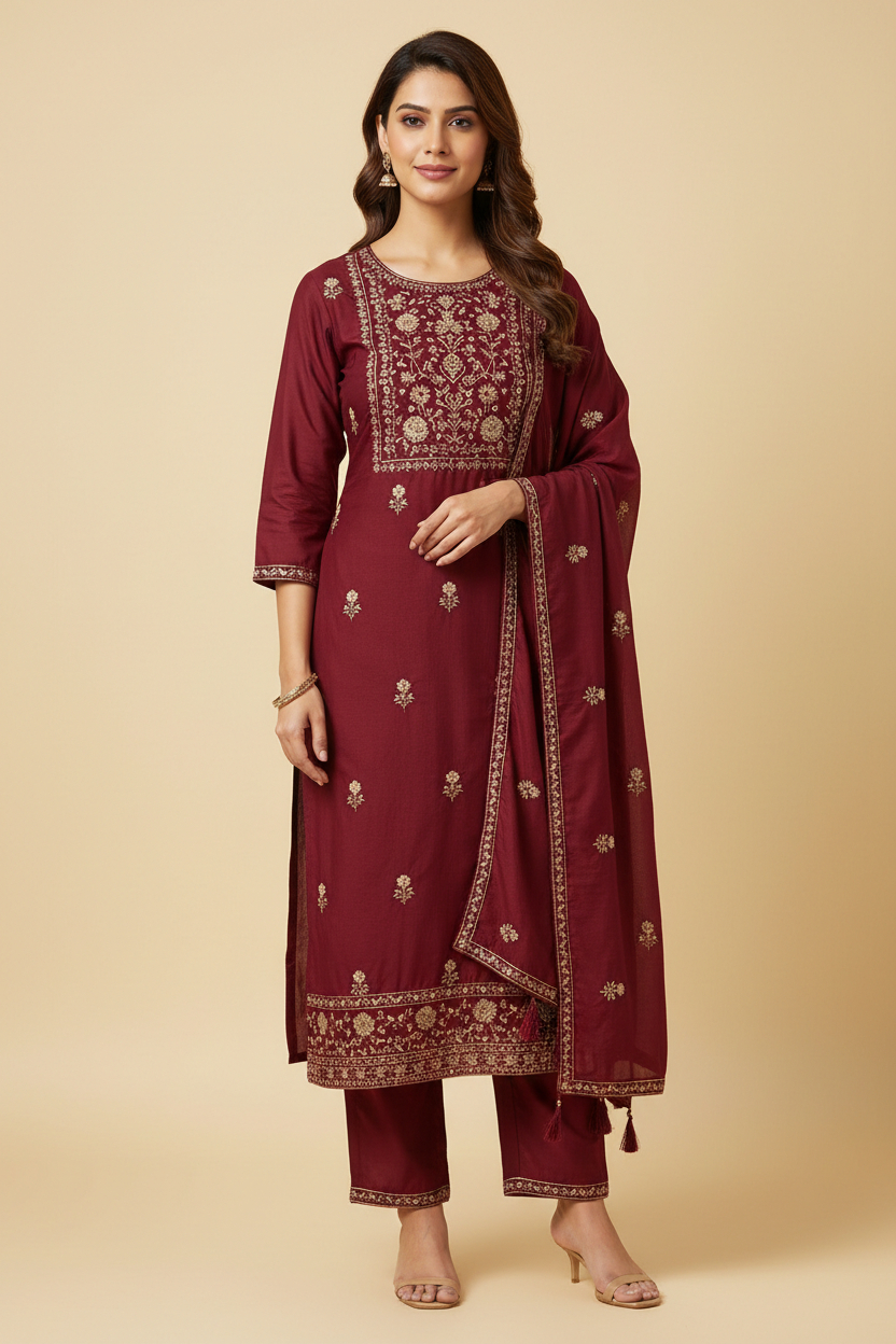 Model wearing a maroon rayon-cotton embroidered straight kurti set with matching pants and dupatta
