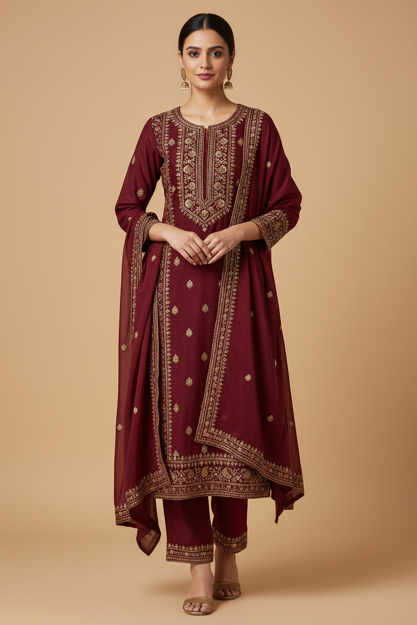 Close-up of maroon embroidered rayon-cotton kurti set with dupatta on model