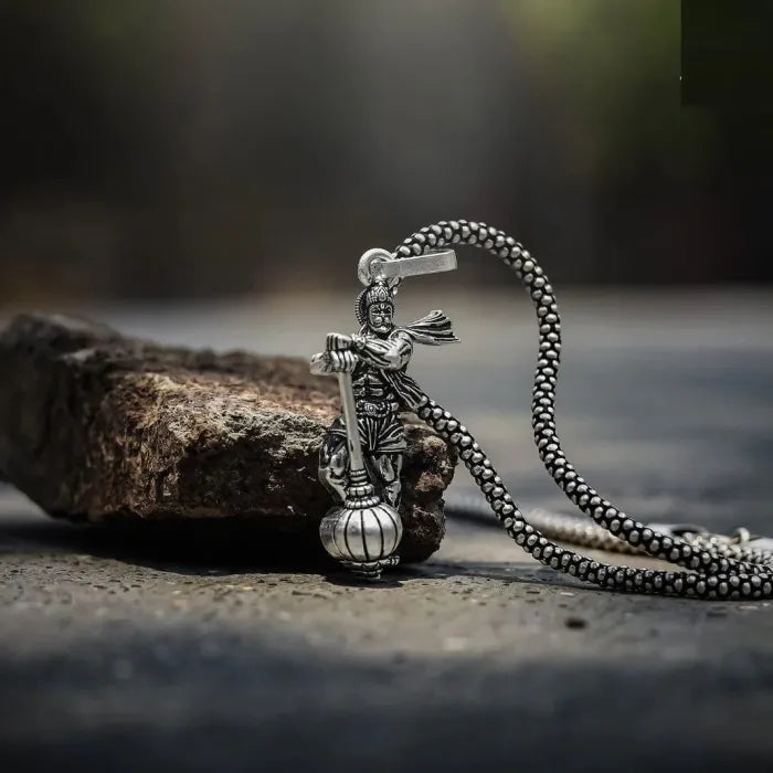 Lord Hanuman Silver Pendant Necklace With Gada Charm for Men and Women