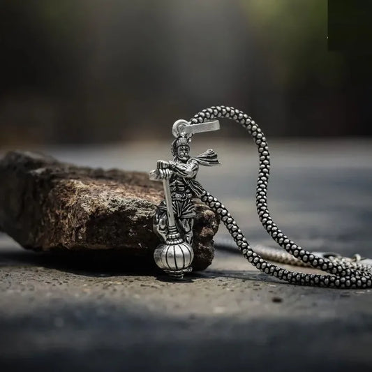 Lord Hanuman Silver Pendant Necklace With Gada Charm for Men and Women