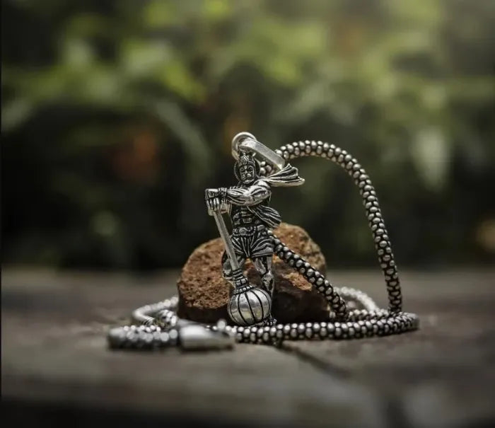 Lord Hanuman Silver Pendant Necklace With Gada Charm for Men and Women