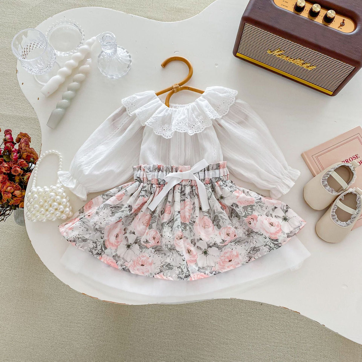 Baby Girls Long Sleeve Base Shirt & Floral Skirt Set