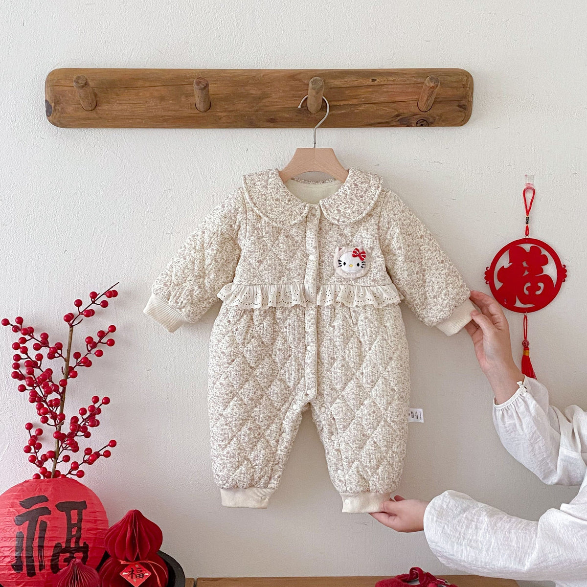 Baby Girls Fleece-Lined Floral & Argyle Warm Rompers