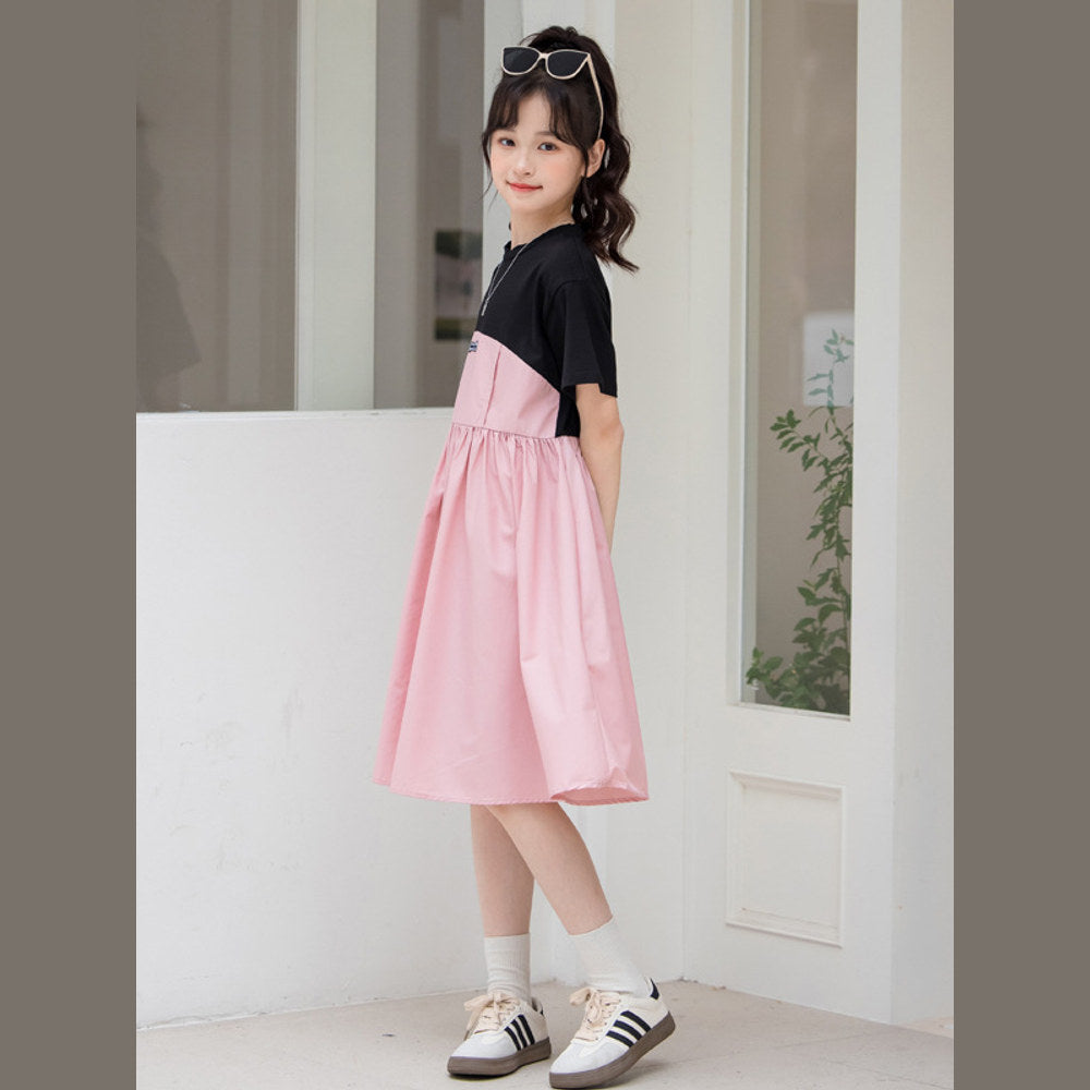 Girls Patchwork Cotton Short Sleeve Dress