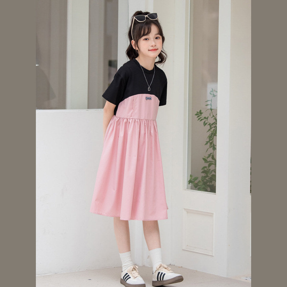 Girls Patchwork Cotton Short Sleeve Dress