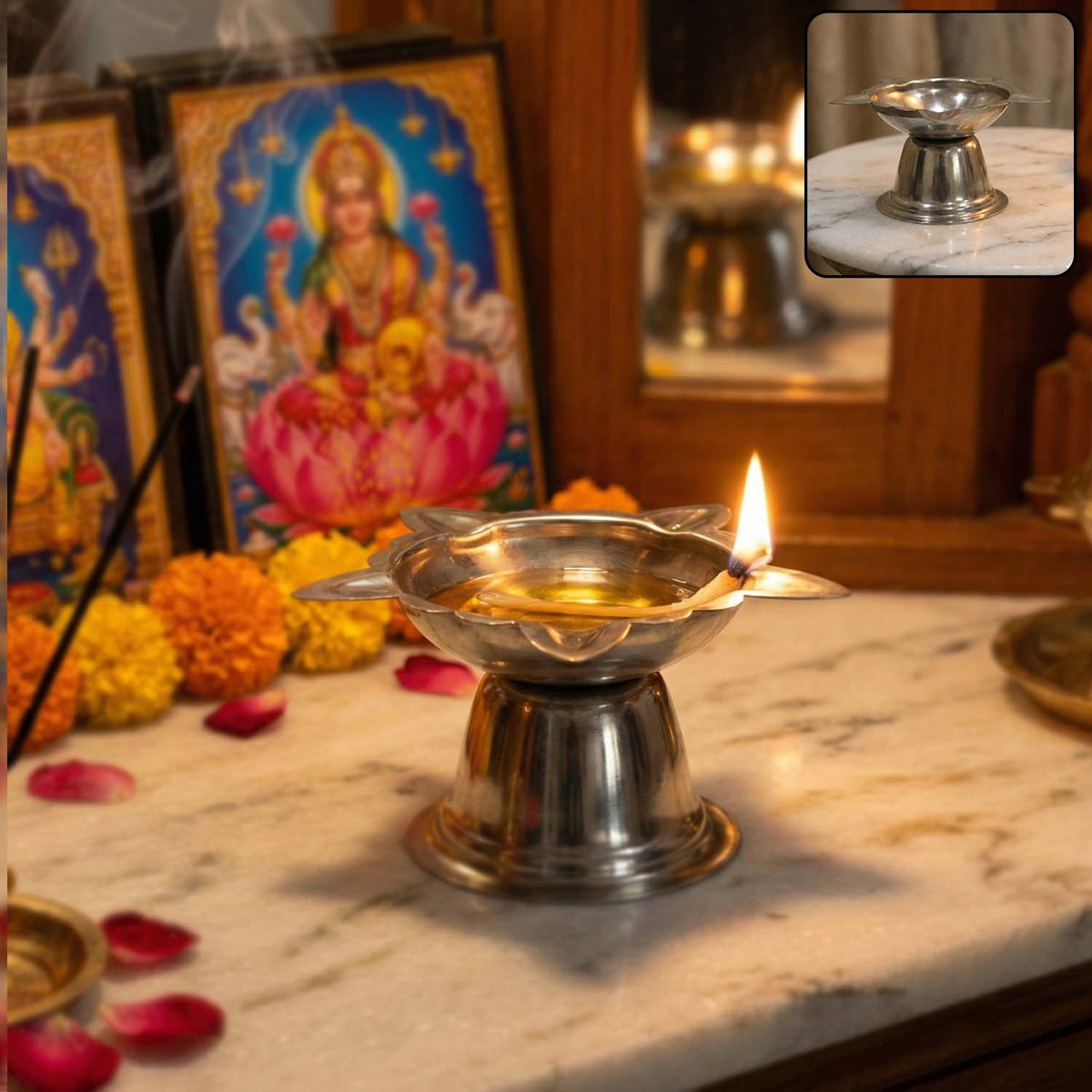 Stainless Steel Sunflower Design Diya Stand (Big Size) (1 Pc)